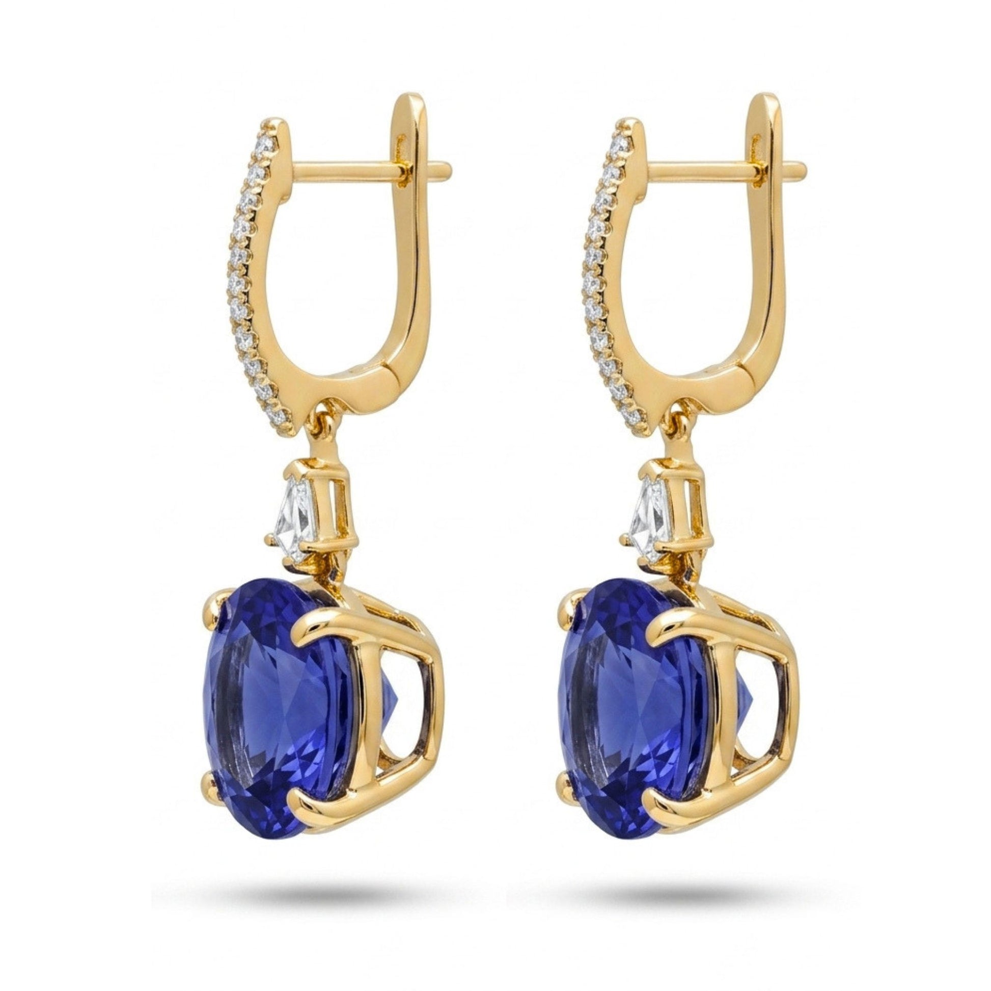 18K gold round Blue Wing Tanzanite and white diamond drop earrings