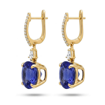 18K gold round Blue Wing Tanzanite and white diamond drop earrings