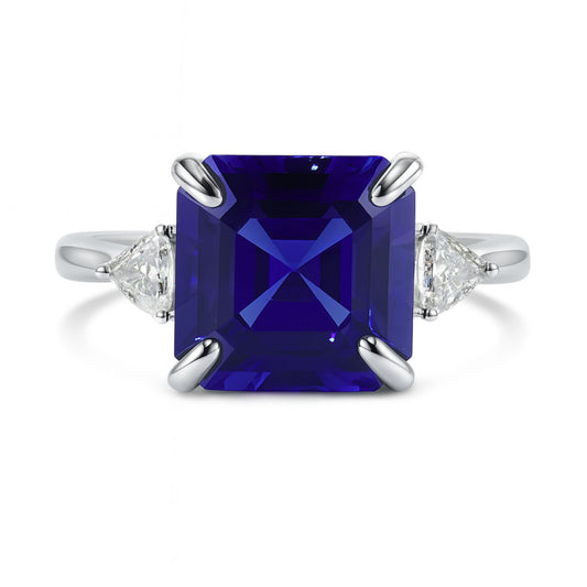 14K 6.48ct Asscher Cut Blue Wing Tanzanite 0.27cttw VS Trilliant White Diamonds Ring