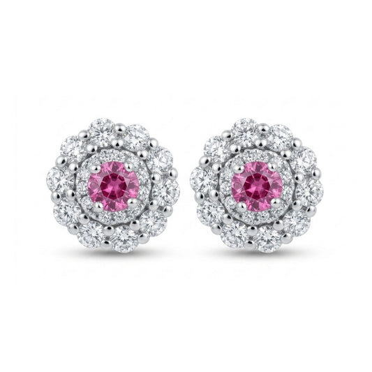14K 0.14cttw Round Mahenge Pink Spinel 0.6cttw White Diamonds Stud Earrings