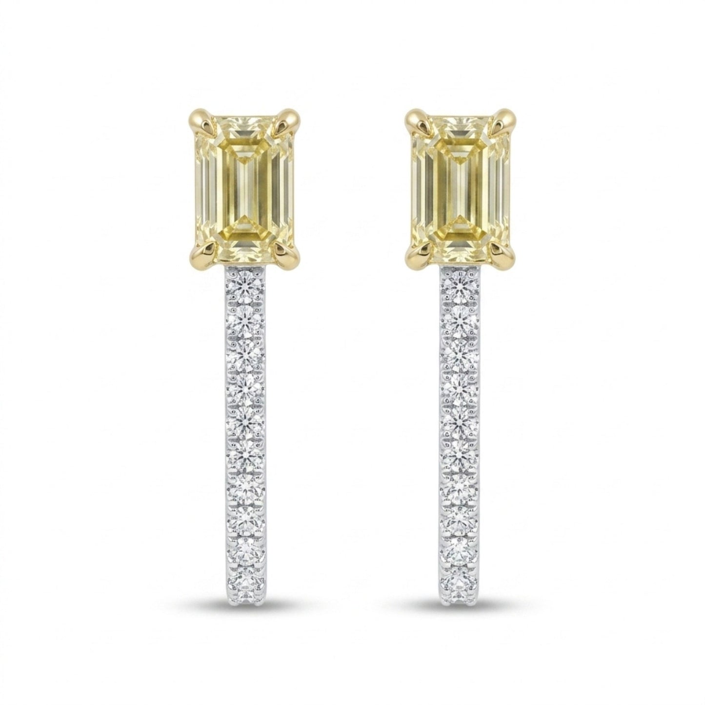14K 1.03cttw Emerald Cut VS Yellow Diamond 0.15cttw White Diamonds Huggie Earrings