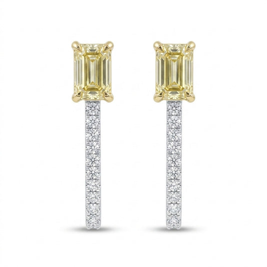 14K 1.03cttw Emerald Cut VS Yellow Diamond 0.15cttw White Diamonds Huggie Earrings