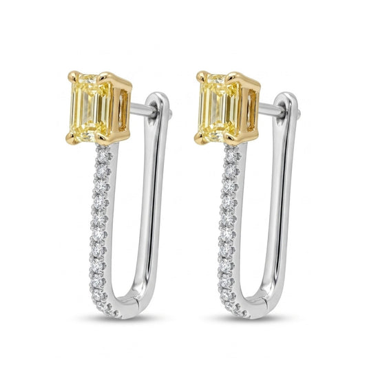 14K 1.03cttw Emerald Cut VS Yellow Diamond 0.15cttw White Diamonds Huggie Earrings