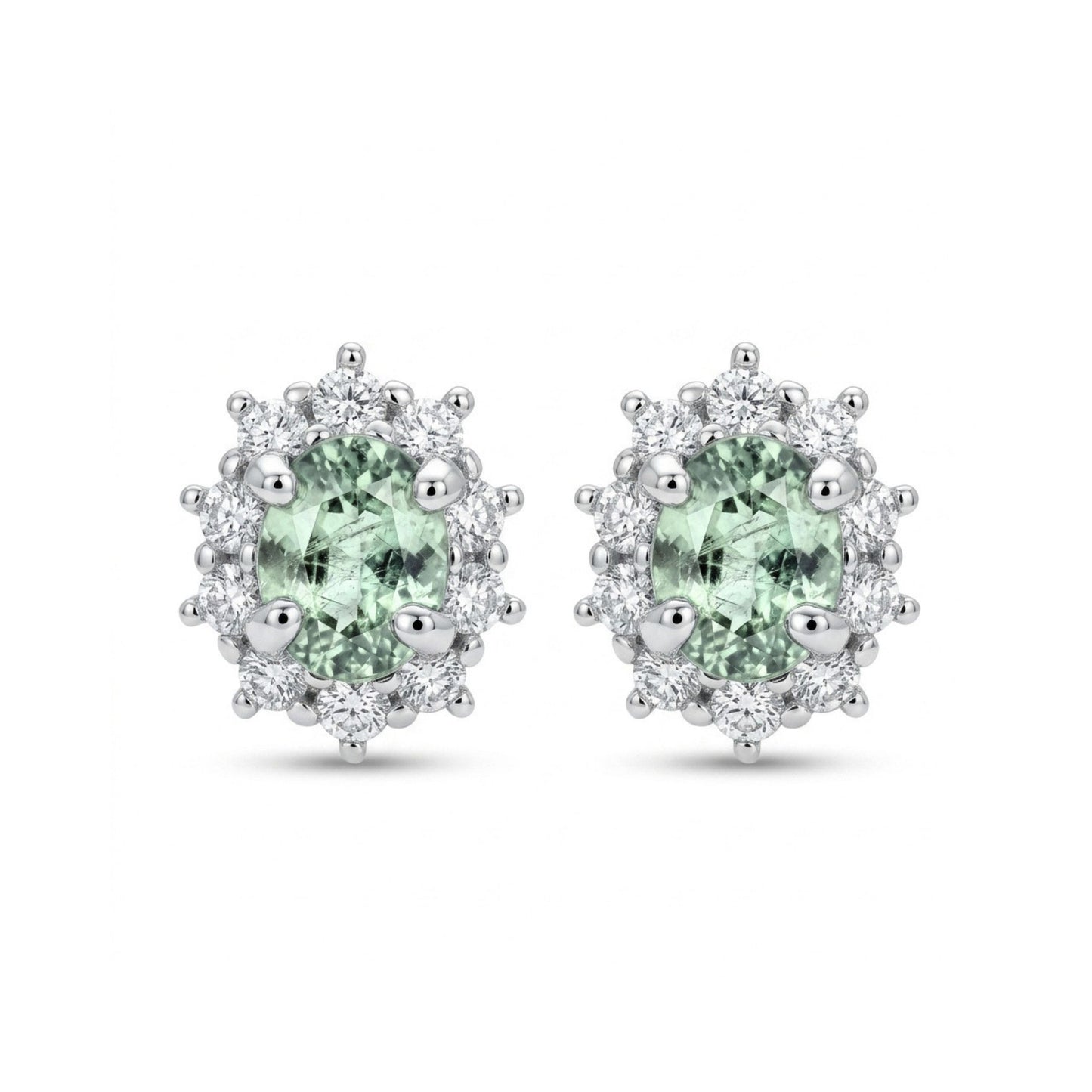 14K 0.43cttw Oval Green Paraiba 0.24cttw White Diamonds Stud Earrings