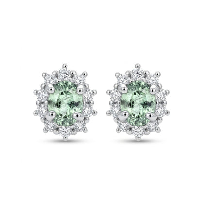 14K 0.43cttw Oval Green Paraiba 0.24cttw White Diamonds Stud Earrings