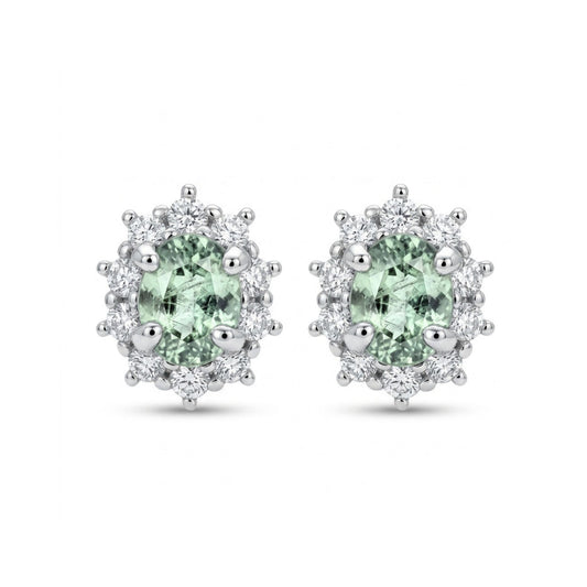 14K 0.43cttw Oval Green Paraiba 0.24cttw White Diamonds Stud Earrings