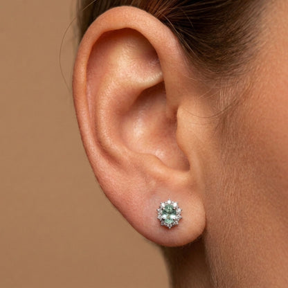 14K 0.43cttw Oval Green Paraiba 0.24cttw White Diamonds Stud Earrings