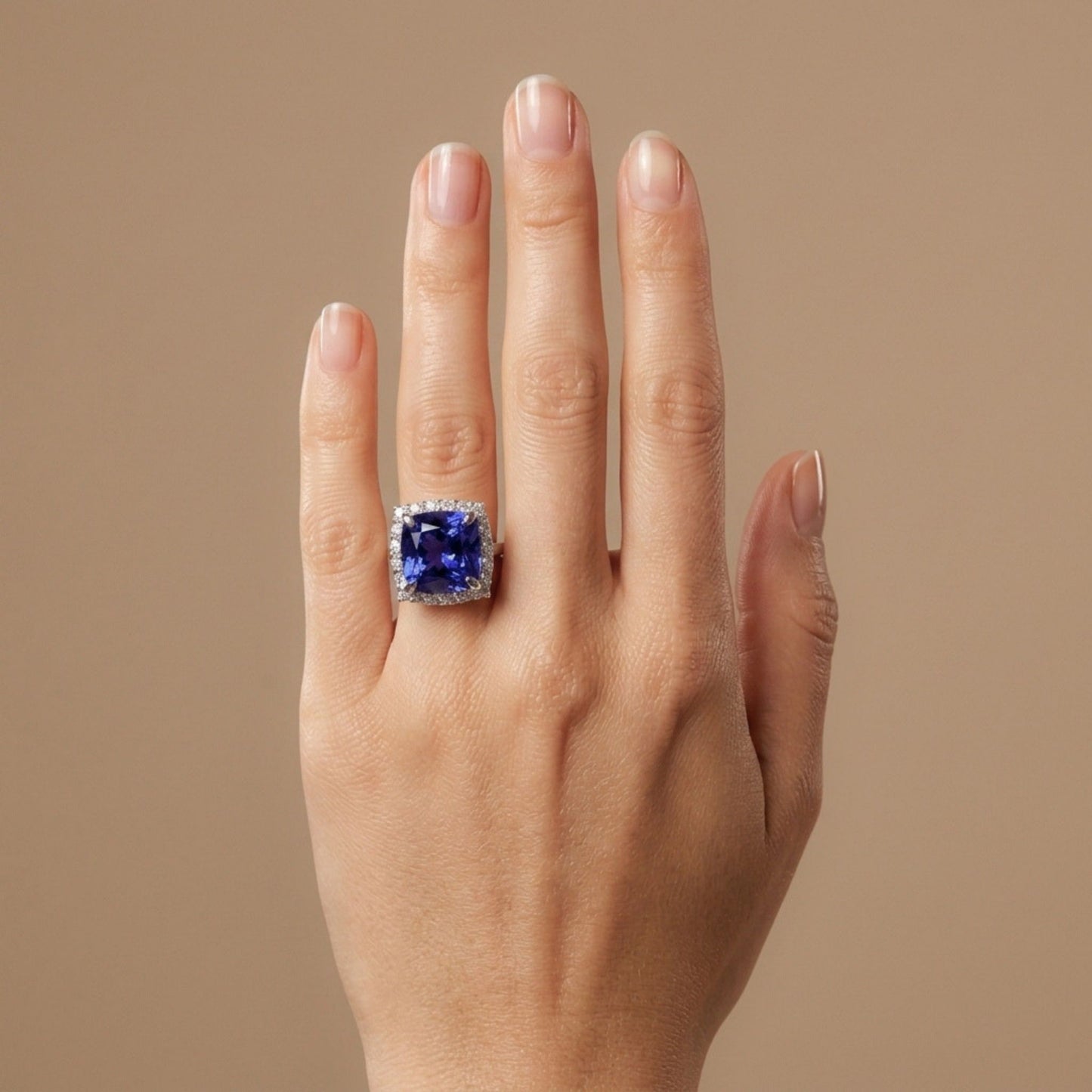 14K 10.40ct Cushion Blue Wing Tanzanite 1.19cttw VS White Diamonds Ring