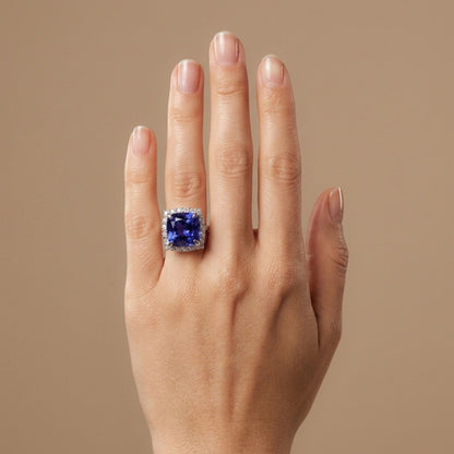 14K 10.40ct Cushion Blue Wing Tanzanite 1.19cttw VS White Diamonds Ring