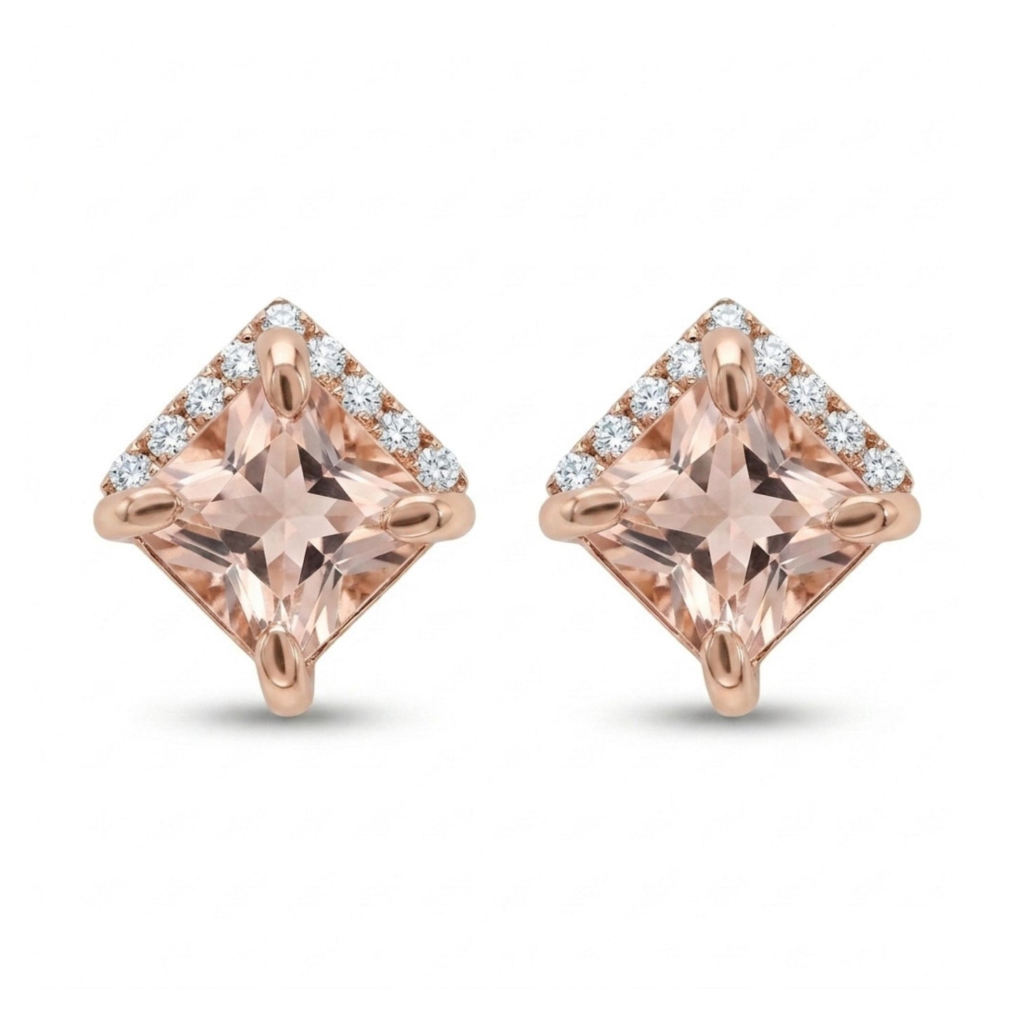 14K 1.30cttw Princess Cut Morganite 0.09cttw VS White Diamonds Stud Earrings
