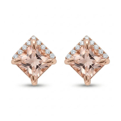 14K 1.30cttw Princess Cut Morganite 0.09cttw VS White Diamonds Stud Earrings