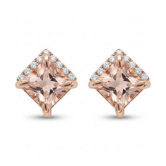 14K 1.30cttw Princess Cut Morganite 0.09cttw VS White Diamonds Stud Earrings