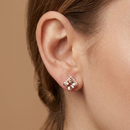 14K 1.30cttw Princess Cut Morganite 0.09cttw VS White Diamonds Stud Earrings