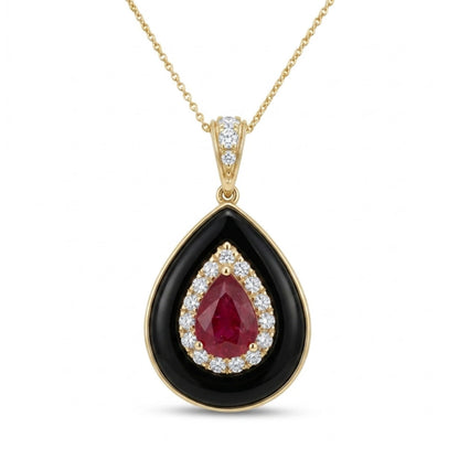 14K 0.86ct Pear Shape Burma Ruby 1.79ct Black Onyx 0.22cttw White Diamond Necklace