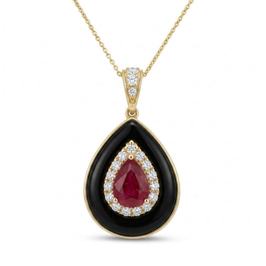 14K 0.86ct Pear Shape Burma Ruby 1.79ct Black Onyx 0.22cttw White Diamond Necklace
