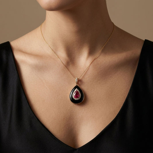 14K 0.86ct Pear Shape Burma Ruby 1.79ct Black Onyx 0.22cttw White Diamond Necklace