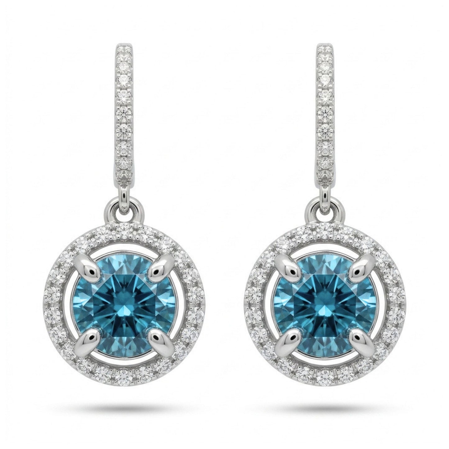 14K 6.60cttw Round Blue Zircon 0.72cttw VS White Diamonds Drop Earrings