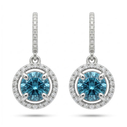 14K 6.60cttw Round Blue Zircon 0.72cttw VS White Diamonds Drop Earrings