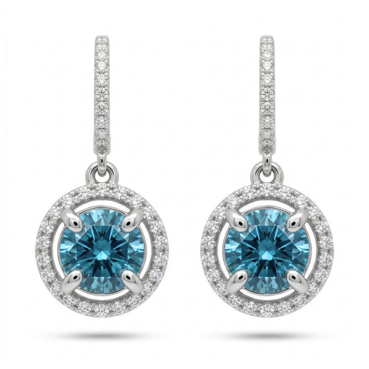 14K 6.60cttw Round Blue Zircon 0.72cttw VS White Diamonds Drop Earrings