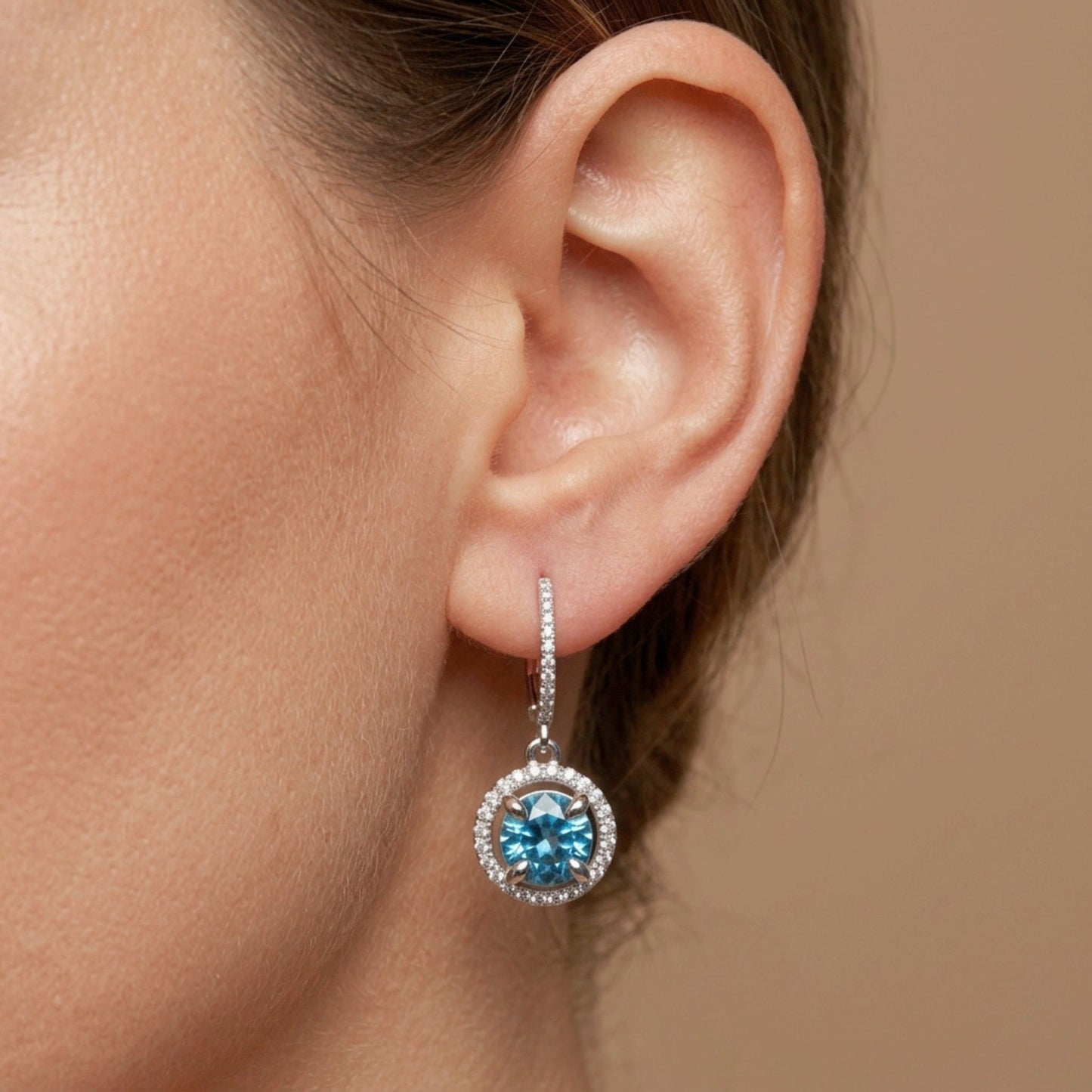 14K 6.60cttw Round Blue Zircon 0.72cttw VS White Diamonds Drop Earrings