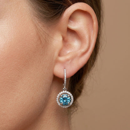 14K 6.60cttw Round Blue Zircon 0.72cttw VS White Diamonds Drop Earrings