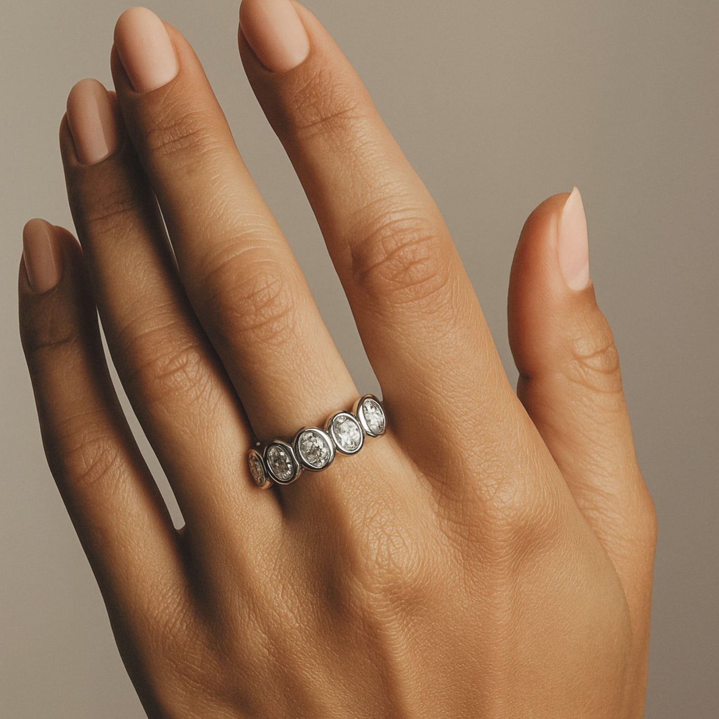 14K 1.20cttw Oval VS White Diamond Bezel Set 5 Stone Band Ring