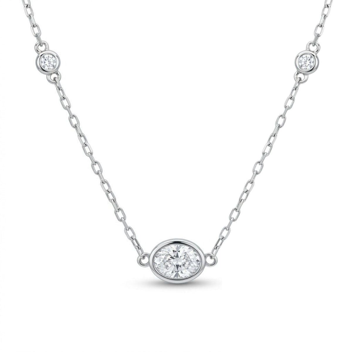 14K gold oval VS white diamond bezel set solitaire necklace