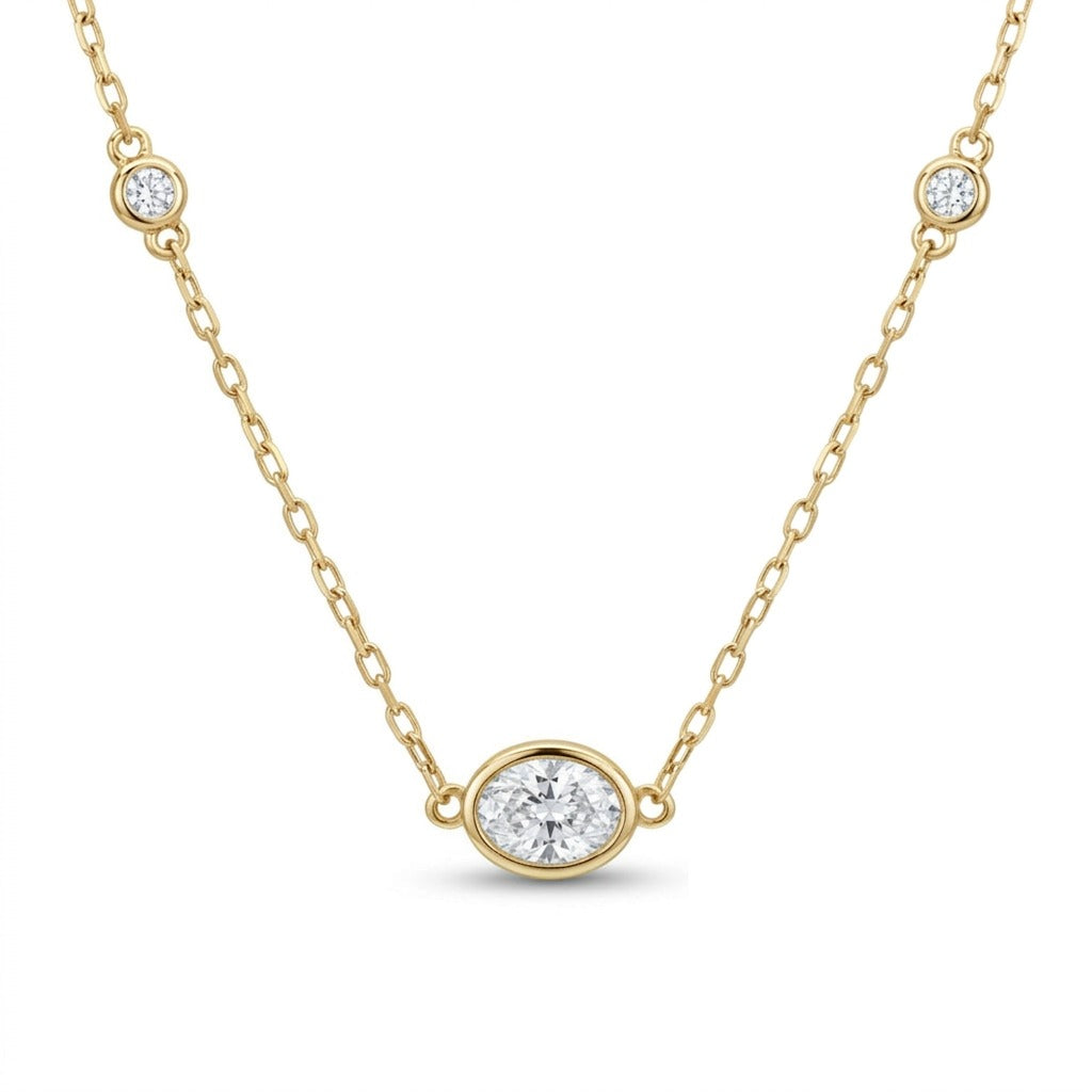 14K gold oval VS white diamond bezel set solitaire necklace