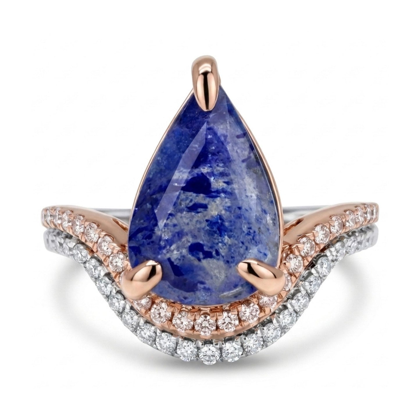 14K 1.33ct Pear Shape Fluorescing Sodalite 0.33cttw Pink & White Diamonds Ring