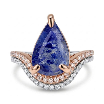 14K 1.33ct Pear Shape Fluorescing Sodalite 0.33cttw Pink & White Diamonds Ring