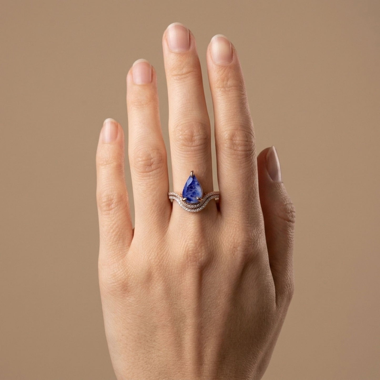 14K 1.33ct Pear Shape Fluorescing Sodalite 0.33cttw Pink & White Diamonds Ring