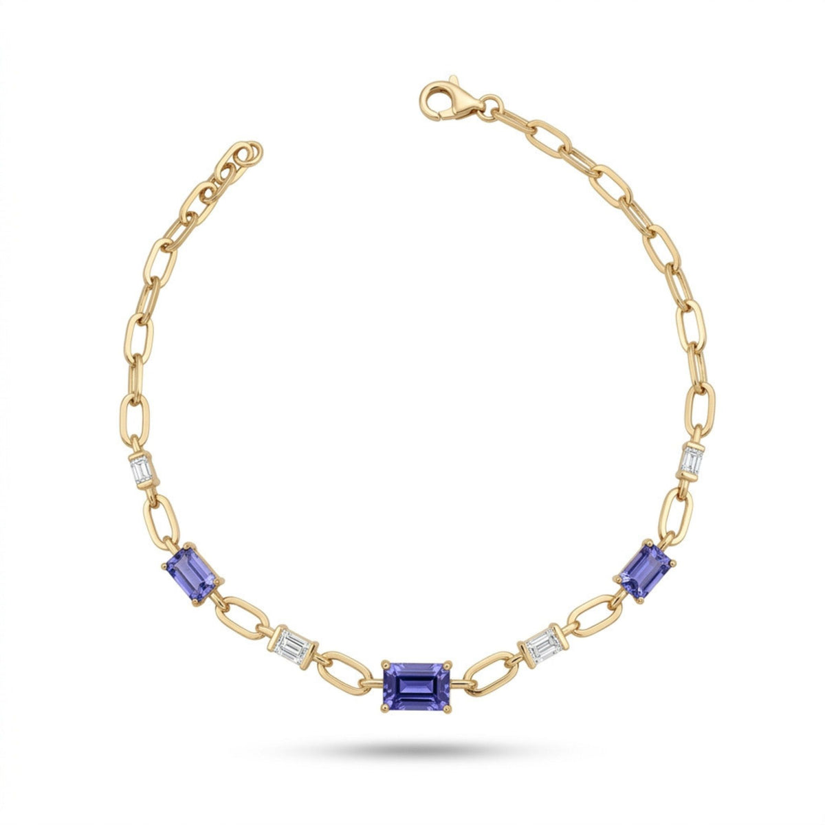 14K gold emerald cut tanzanite bracelet with baguette white diamonds