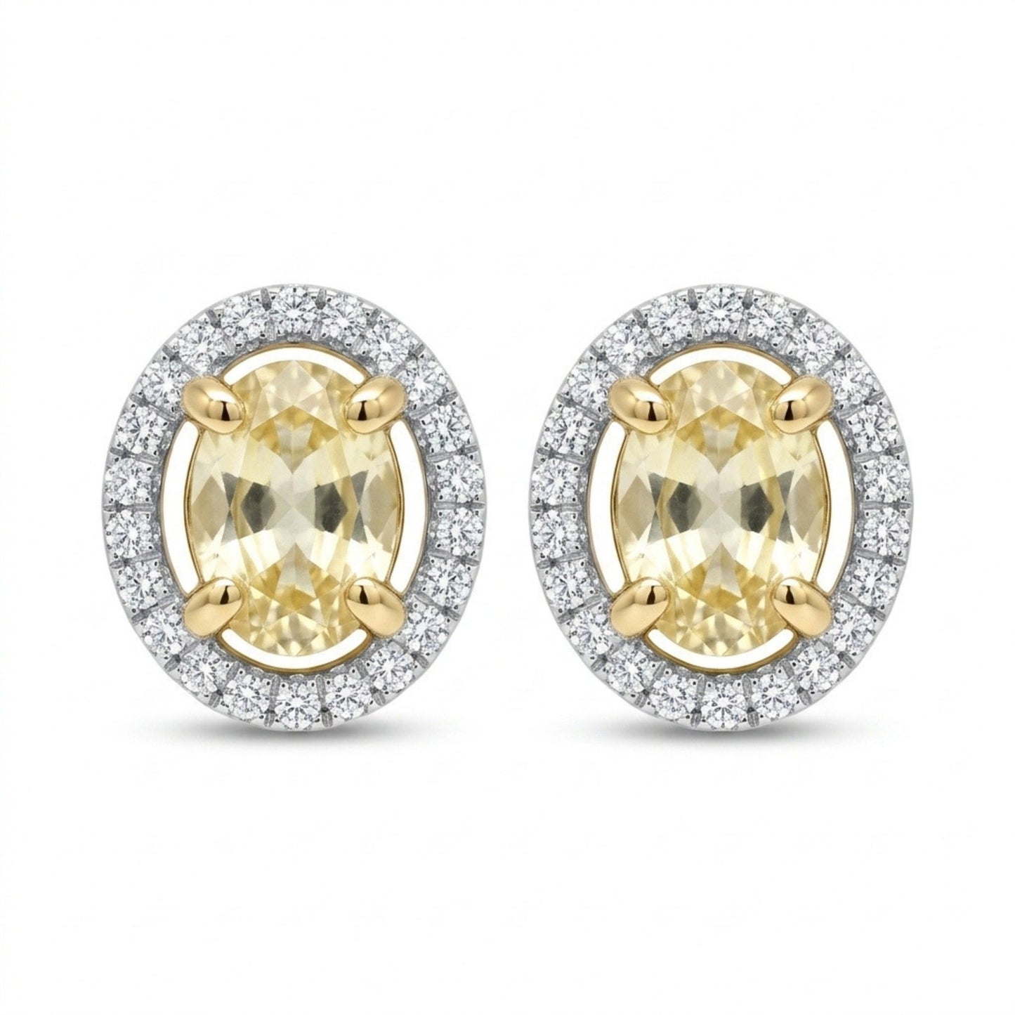 14K 1.10cttw Oval Yellow Sapphire 0.17cttw VS White Diamonds Stud Earrings
