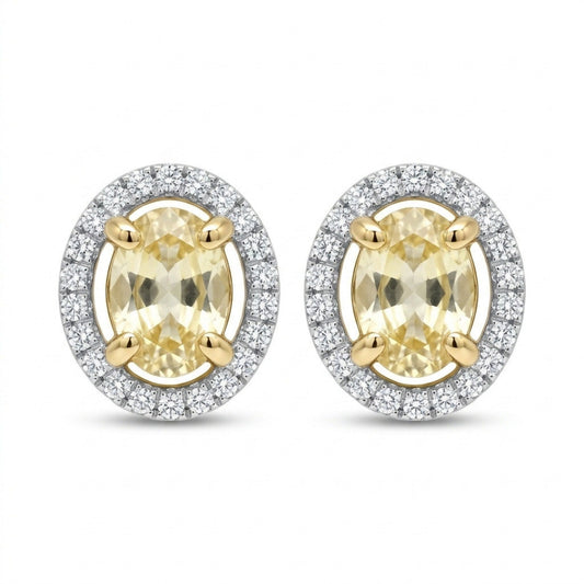 14K 1.10cttw Oval Yellow Sapphire 0.17cttw VS White Diamonds Stud Earrings