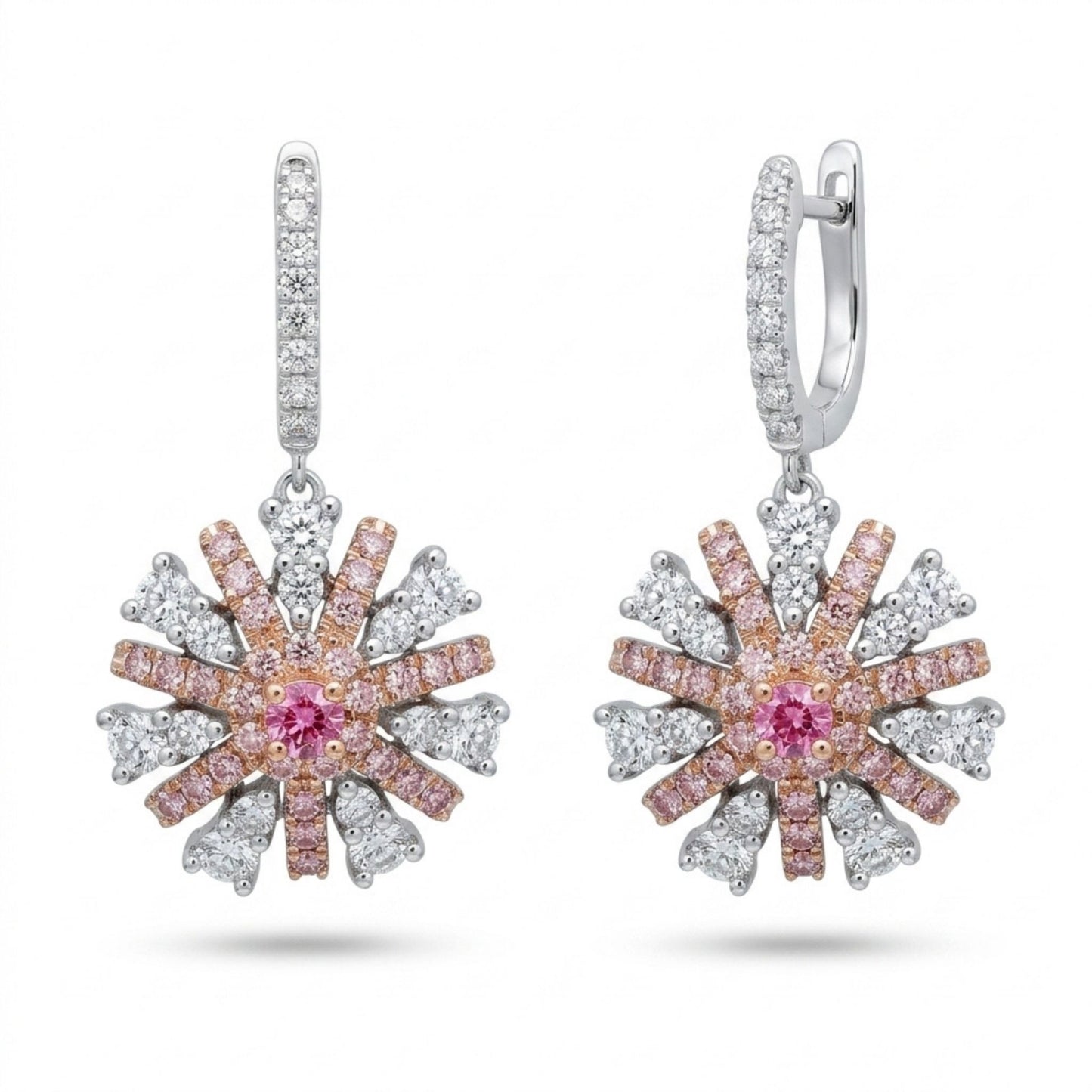 14K 0.14cttw Round Mahenge Pink Spinel 1.69 Pink & White Diamonds Drop Earrings