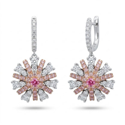 14K 0.14cttw Round Mahenge Pink Spinel 1.69 Pink & White Diamonds Drop Earrings