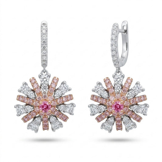 14K 0.14cttw Round Mahenge Pink Spinel 1.69 Pink & White Diamonds Drop Earrings