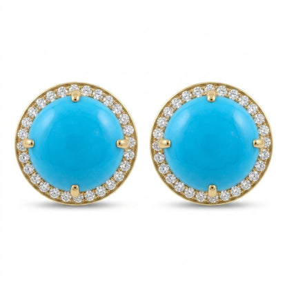 14K 6.50cttw Round Sleeping Beauty Turquoise 0.37cttw VS White Diamonds Stud Earrings