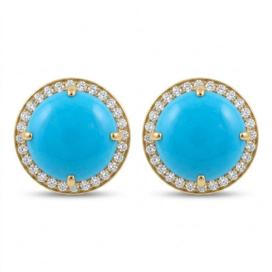 14K 6.50cttw Round Sleeping Beauty Turquoise 0.37cttw VS White Diamonds Stud Earrings