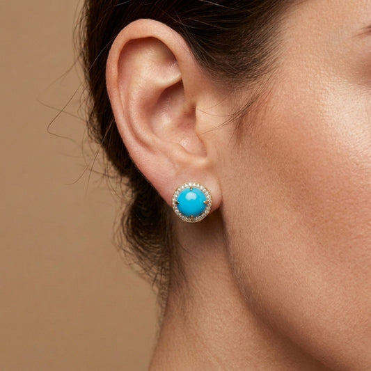 14K 6.50cttw Round Sleeping Beauty Turquoise 0.37cttw VS White Diamonds Stud Earrings