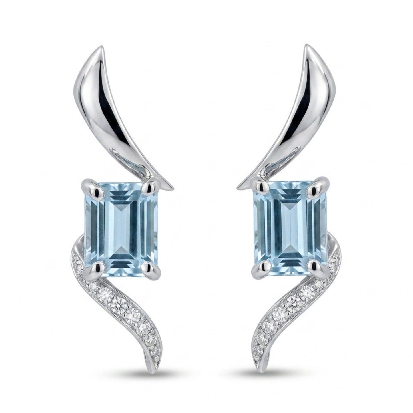 14K 4.33cttw Emerald Cut Santa Maria Aquamarine 0.19cttw VS White Diamonds Drop Earrings