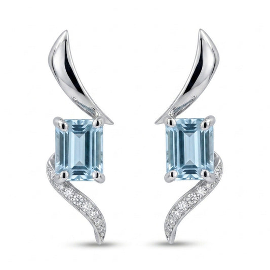 14K 4.33cttw Emerald Cut Santa Maria Aquamarine 0.19cttw VS White Diamonds Drop Earrings