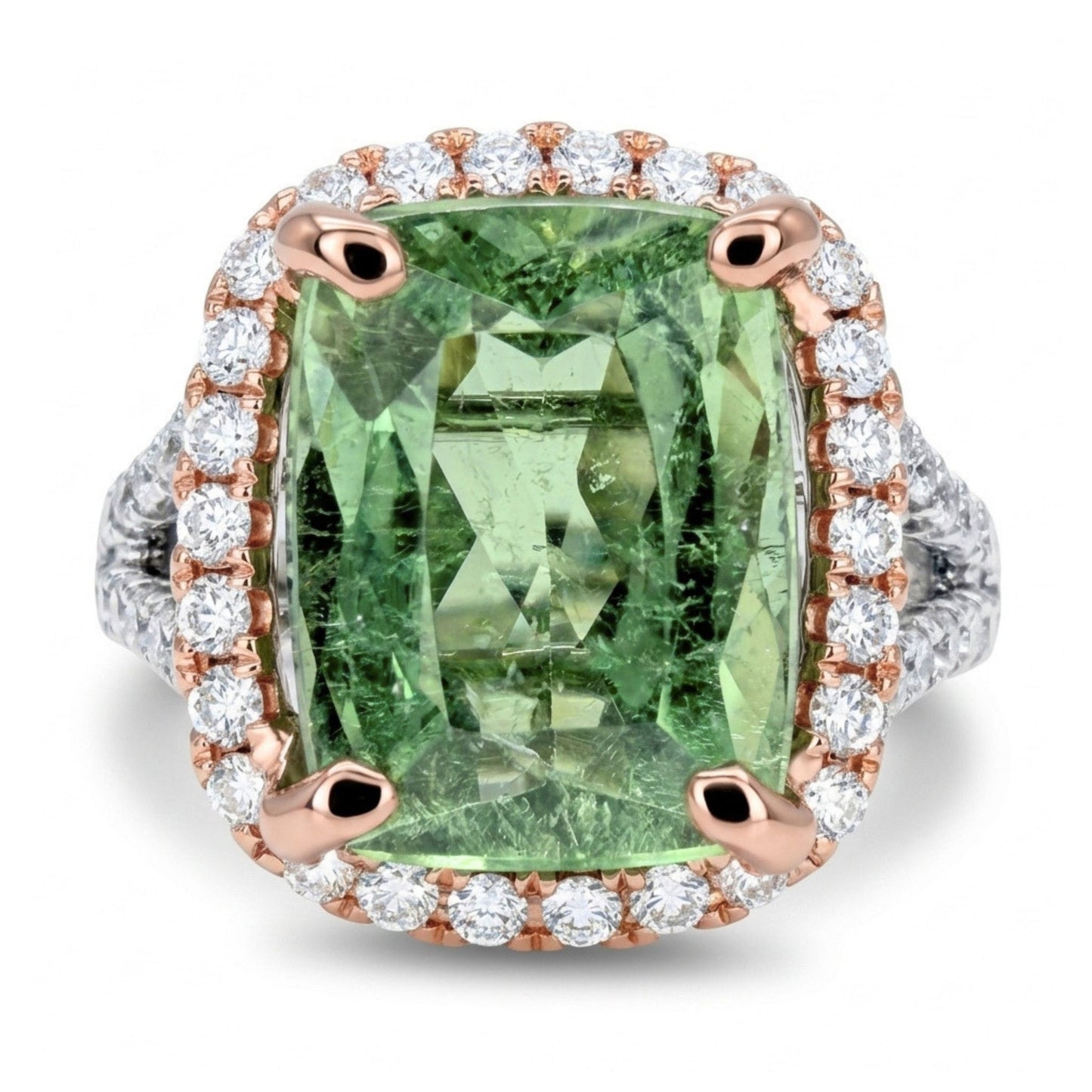 18K 4.77ct Cushion Green Paraiba 0.84cttw White Diamonds Ring