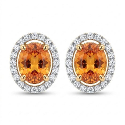 14K 2.96cttw Oval Mandarin Garnet 0.40cttw White Diamonds Stud Earrings