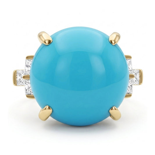 14K 9.47ct Round Sleeping Beauty Turquoise 0.66cttw White Diamonds Ring