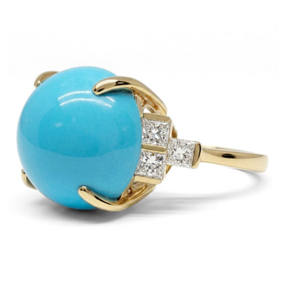 14K 9.47ct Round Sleeping Beauty Turquoise 0.66cttw White Diamonds Ring