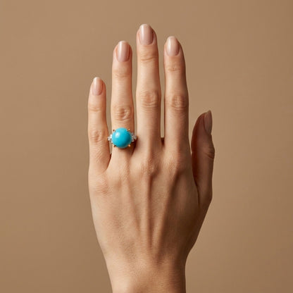14K 9.47ct Round Sleeping Beauty Turquoise 0.66cttw White Diamonds Ring