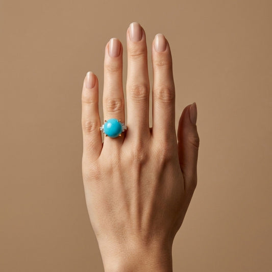 14K 9.47ct Round Sleeping Beauty Turquoise 0.66cttw White Diamonds Ring