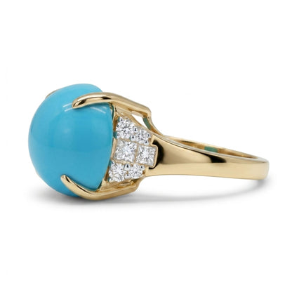 14K 6.34ct Round Sleeping Beauty Turquoise 0.16cttw VS White Diamonds Ring