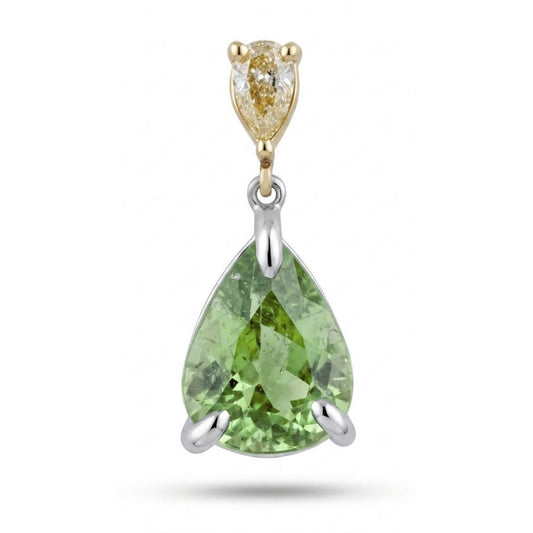 14K 3.81ct Pear Shape Green Paraiba 0.27ct Pear Shape VS Yellow Diamond Pendant